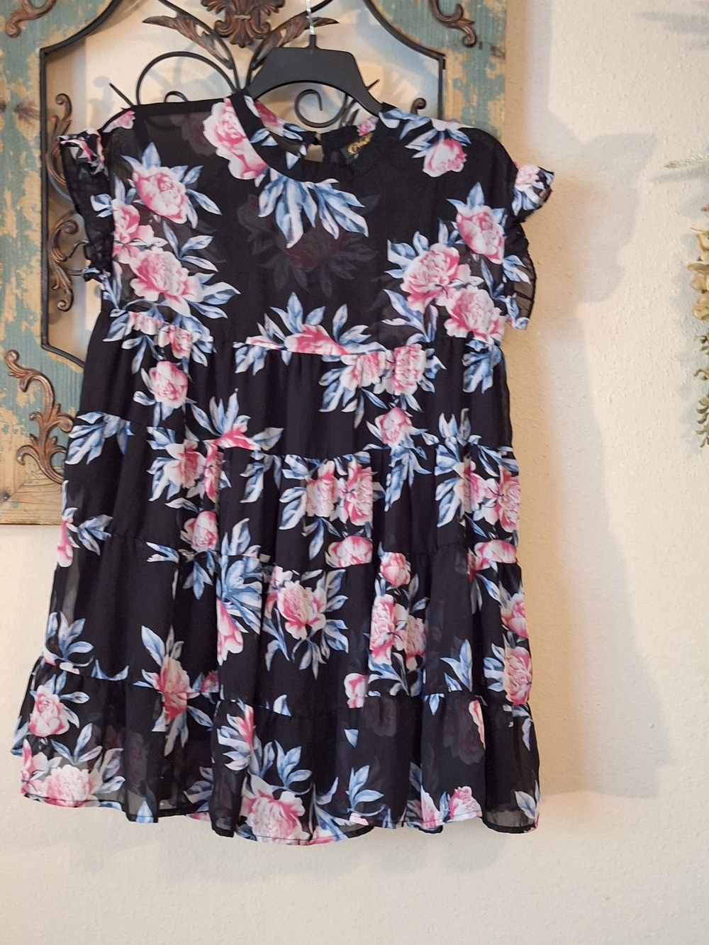 Black Floral Tiered Mini Dress with Pink & Blue Blooms Size Large